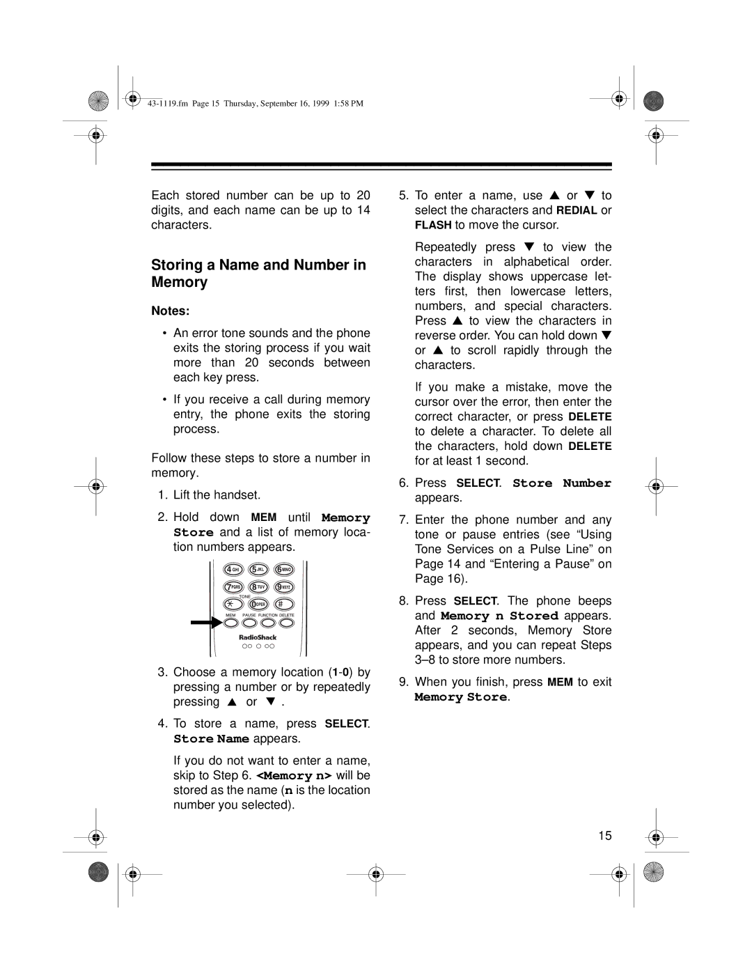 Radio Shack ET-1119 owner manual Storing a Name and Number in Memory, Store Name appears 