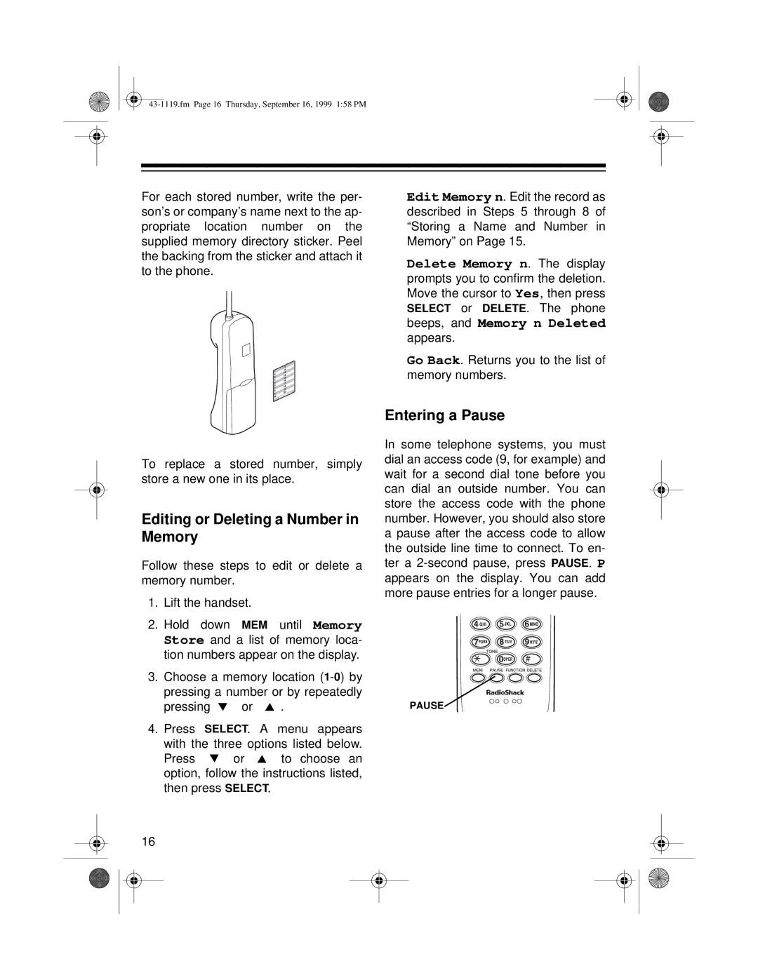 Radio Shack ET-1119 owner manual Editing or Deleting a Number in Memory, Entering a Pause 