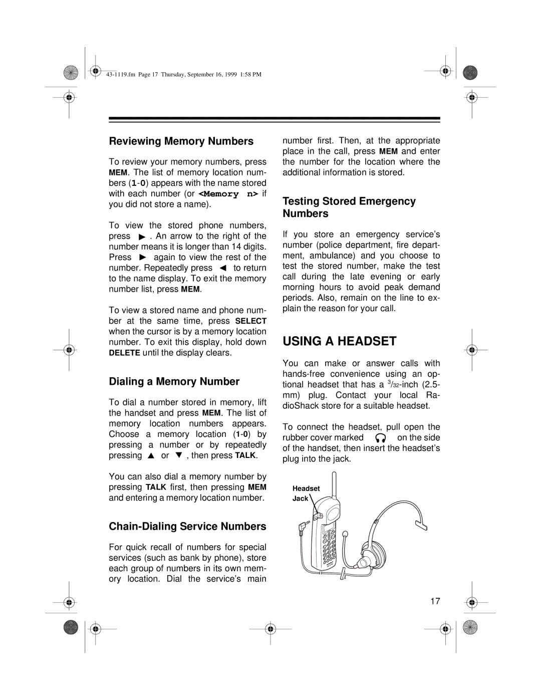 Radio Shack ET-1119 Using a Headset, Reviewing Memory Numbers, Dialing a Memory Number, Chain-Dialing Service Numbers 