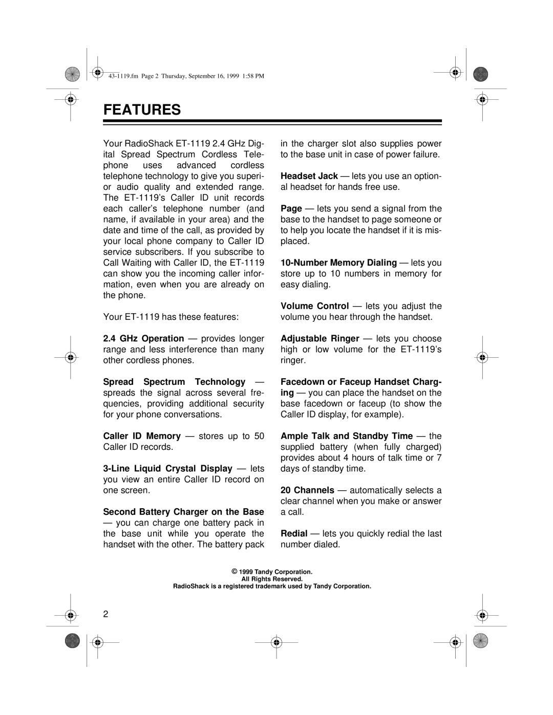 Radio Shack ET-1119 owner manual Features 