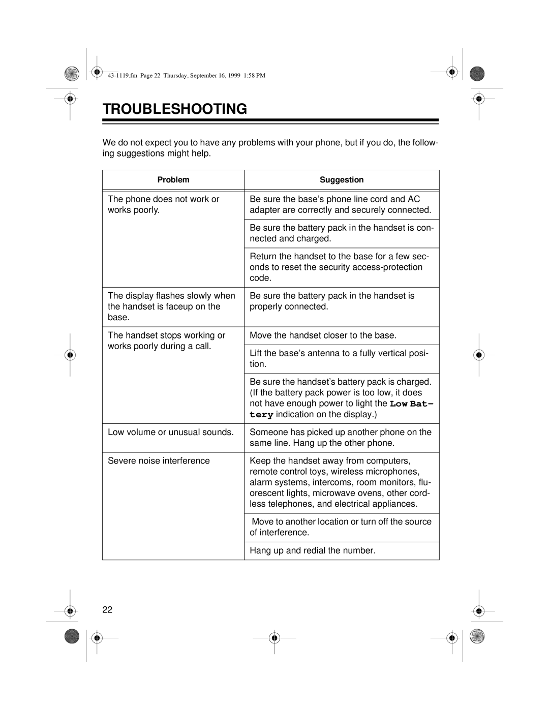 Radio Shack ET-1119 owner manual Troubleshooting 