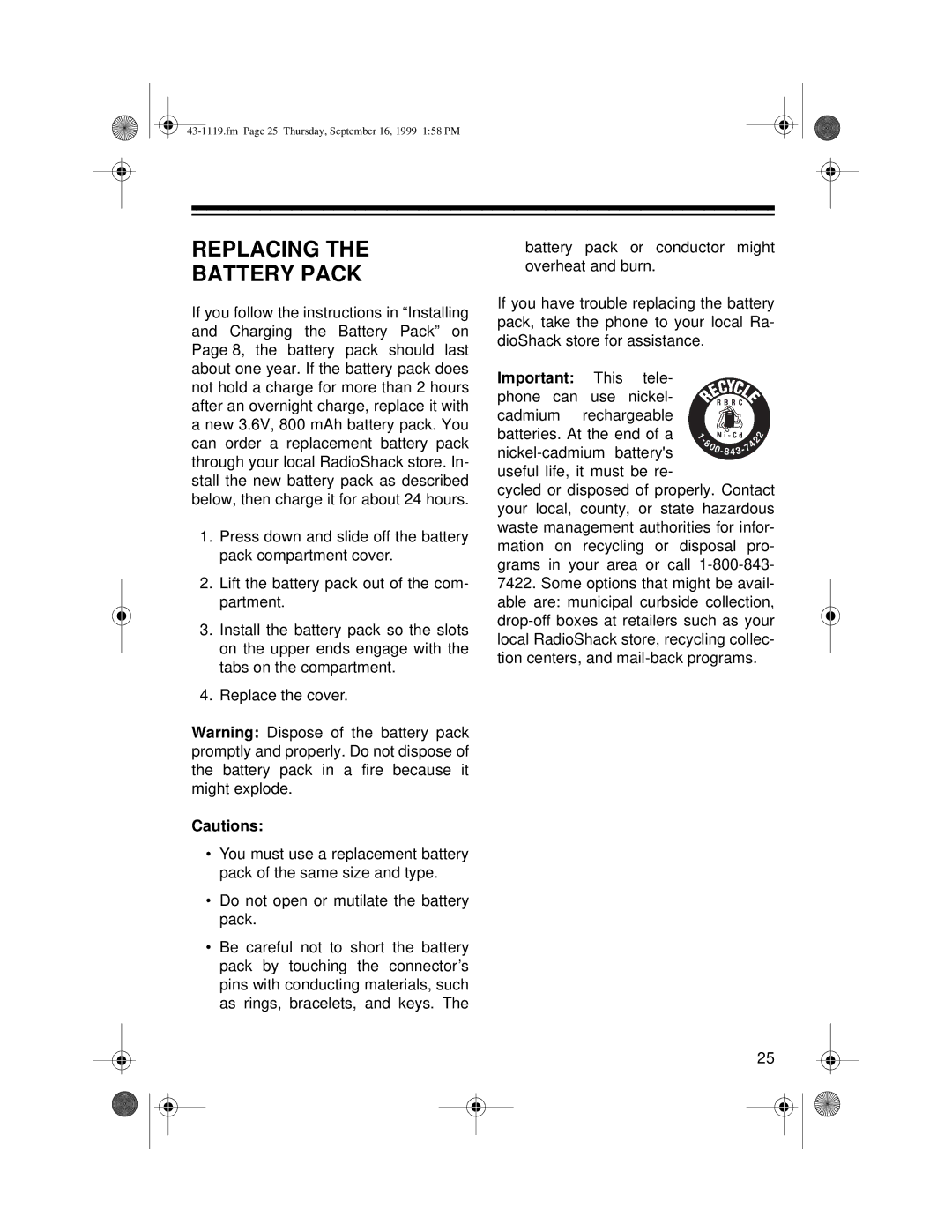 Radio Shack ET-1119 owner manual Replacing Battery Pack 