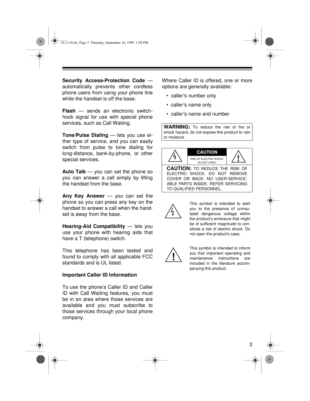 Radio Shack ET-1119 owner manual Important Caller ID Information 