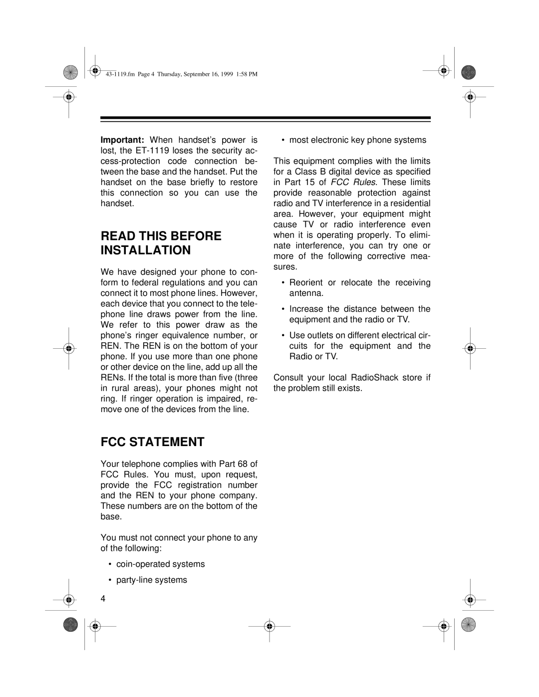 Radio Shack ET-1119 owner manual Read this Before Installation, FCC Statement 