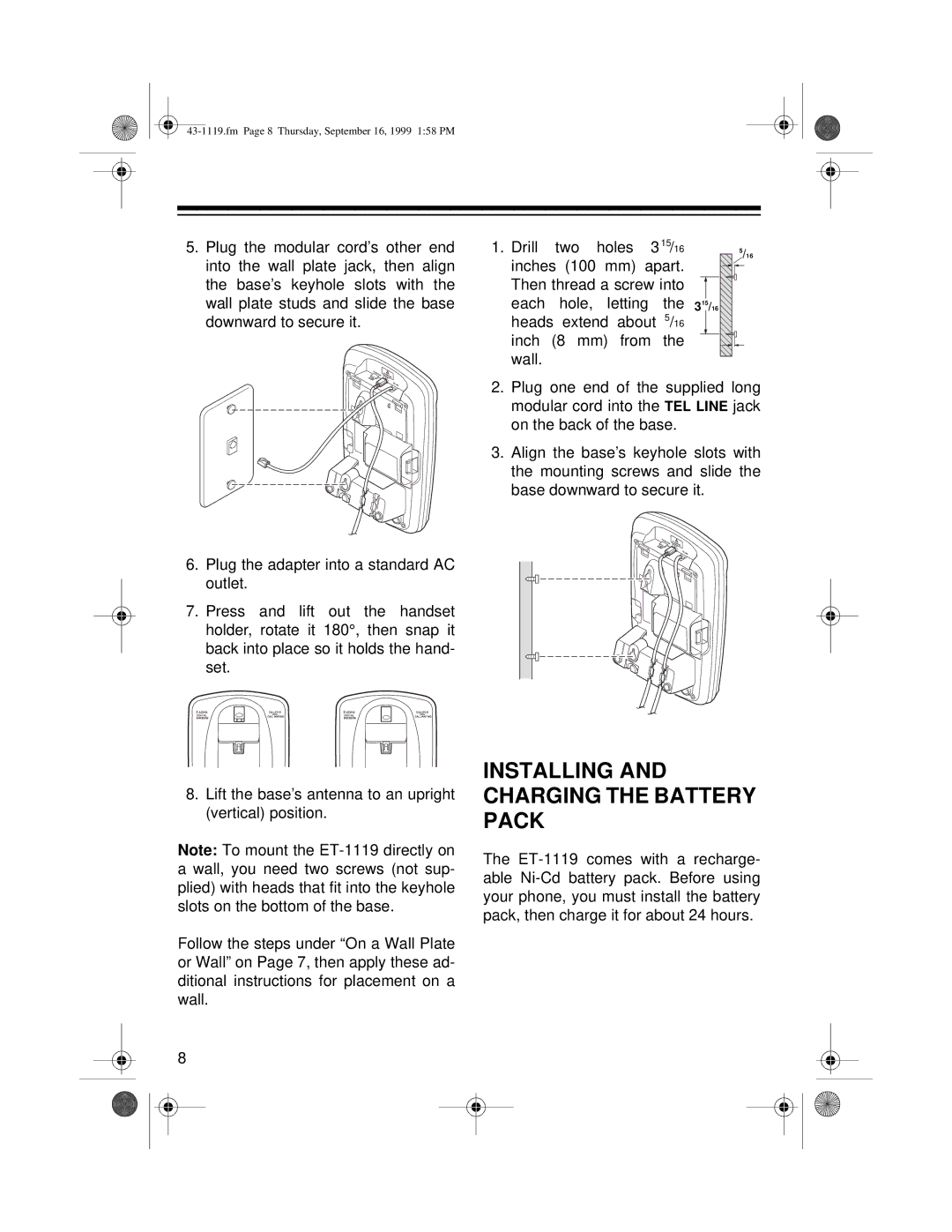 Radio Shack ET-1119 owner manual Installing and Charging the Battery Pack 