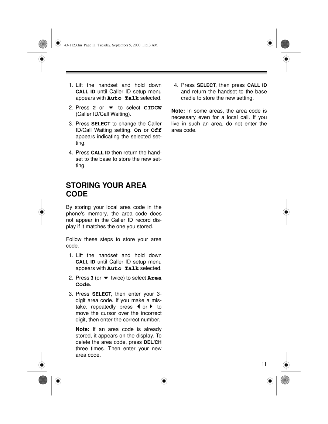 Radio Shack ET-1123 owner manual Storing Your Area Code 