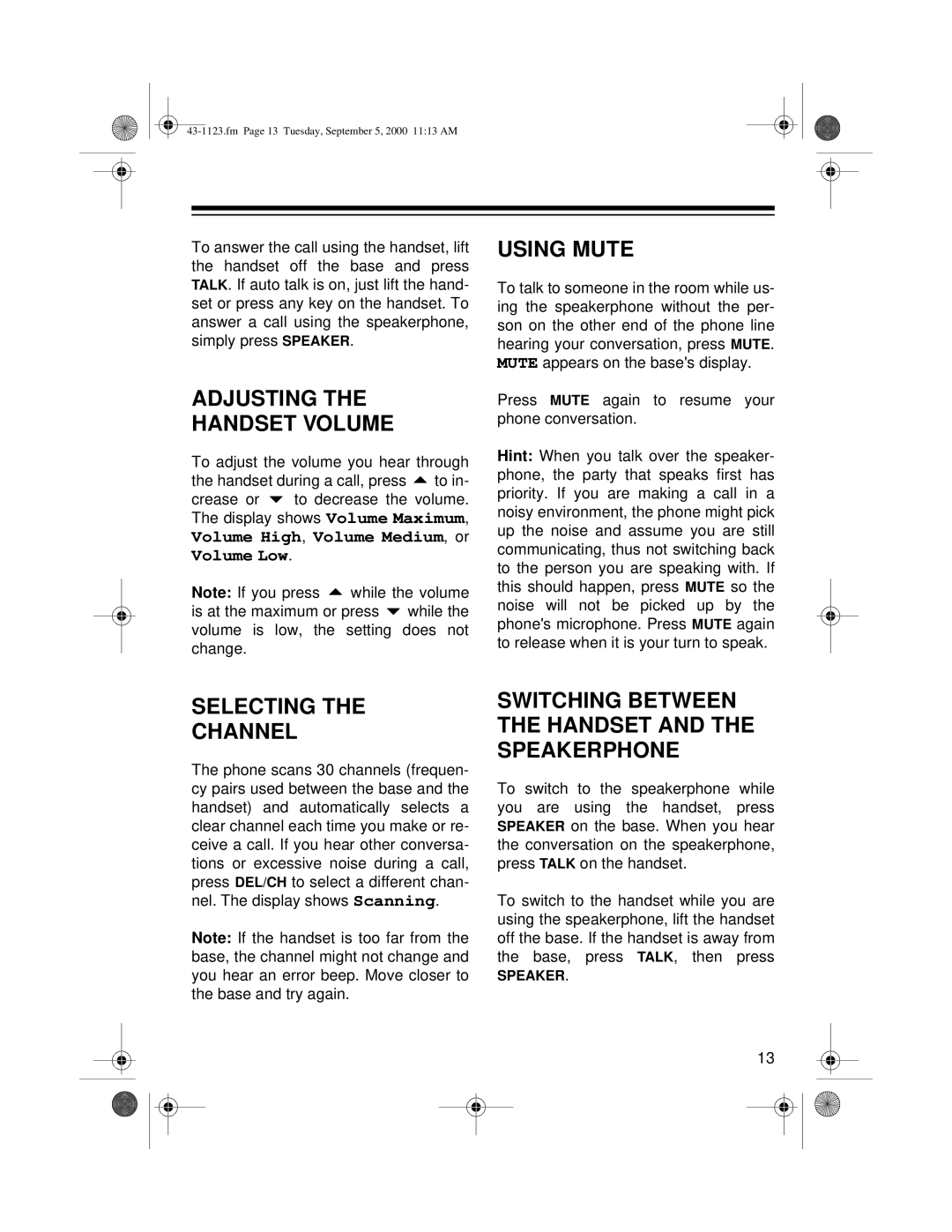 Radio Shack ET-1123 owner manual Adjusting Handset Volume Using Mute, Selecting Channel 