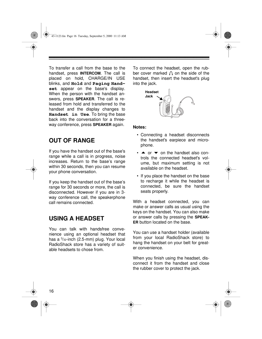 Radio Shack ET-1123 owner manual OUT of Range, Using a Headset 