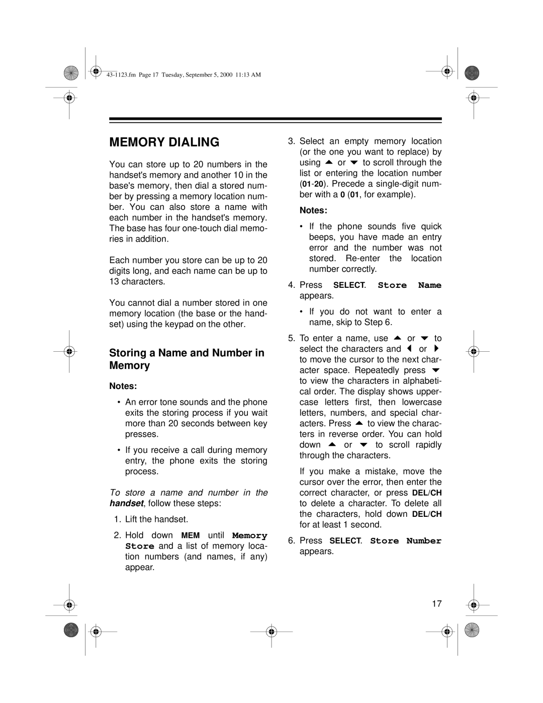 Radio Shack ET-1123 owner manual Memory Dialing, Storing a Name and Number in Memory 