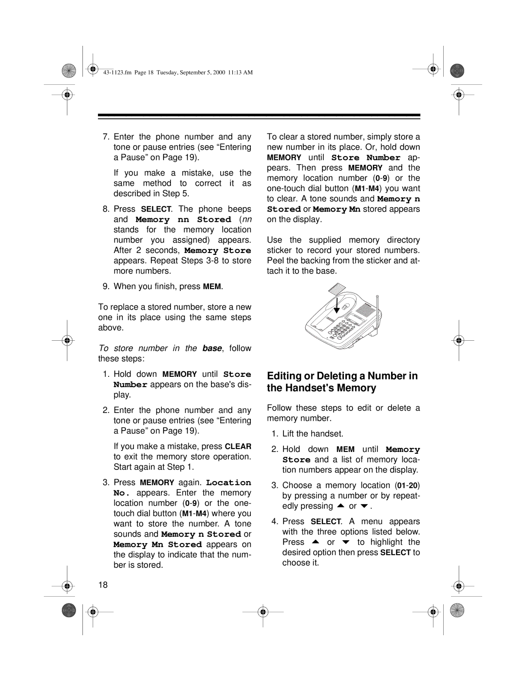 Radio Shack ET-1123 Editing or Deleting a Number in the Handsets Memory, To store number in the base, follow these steps 