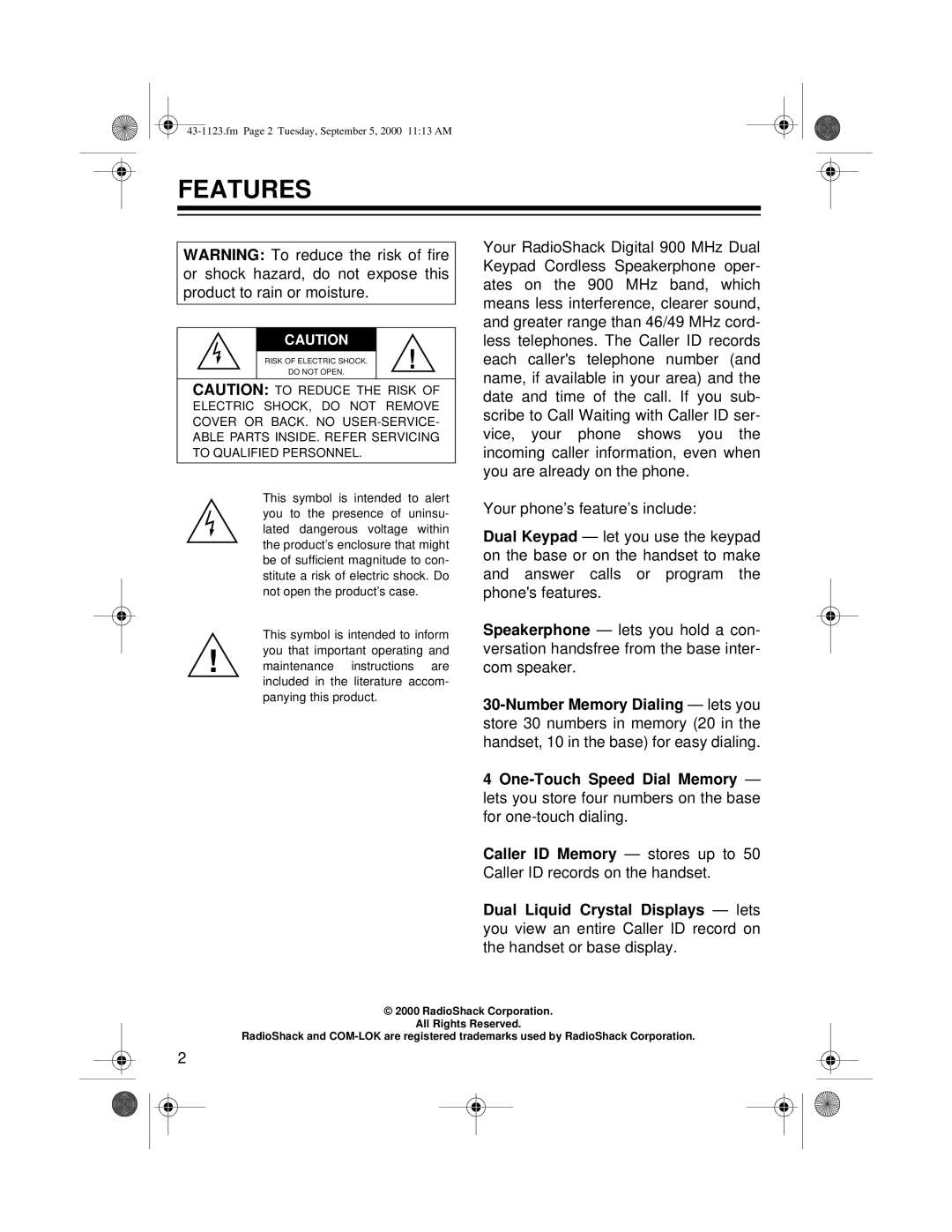 Radio Shack ET-1123 owner manual Features 