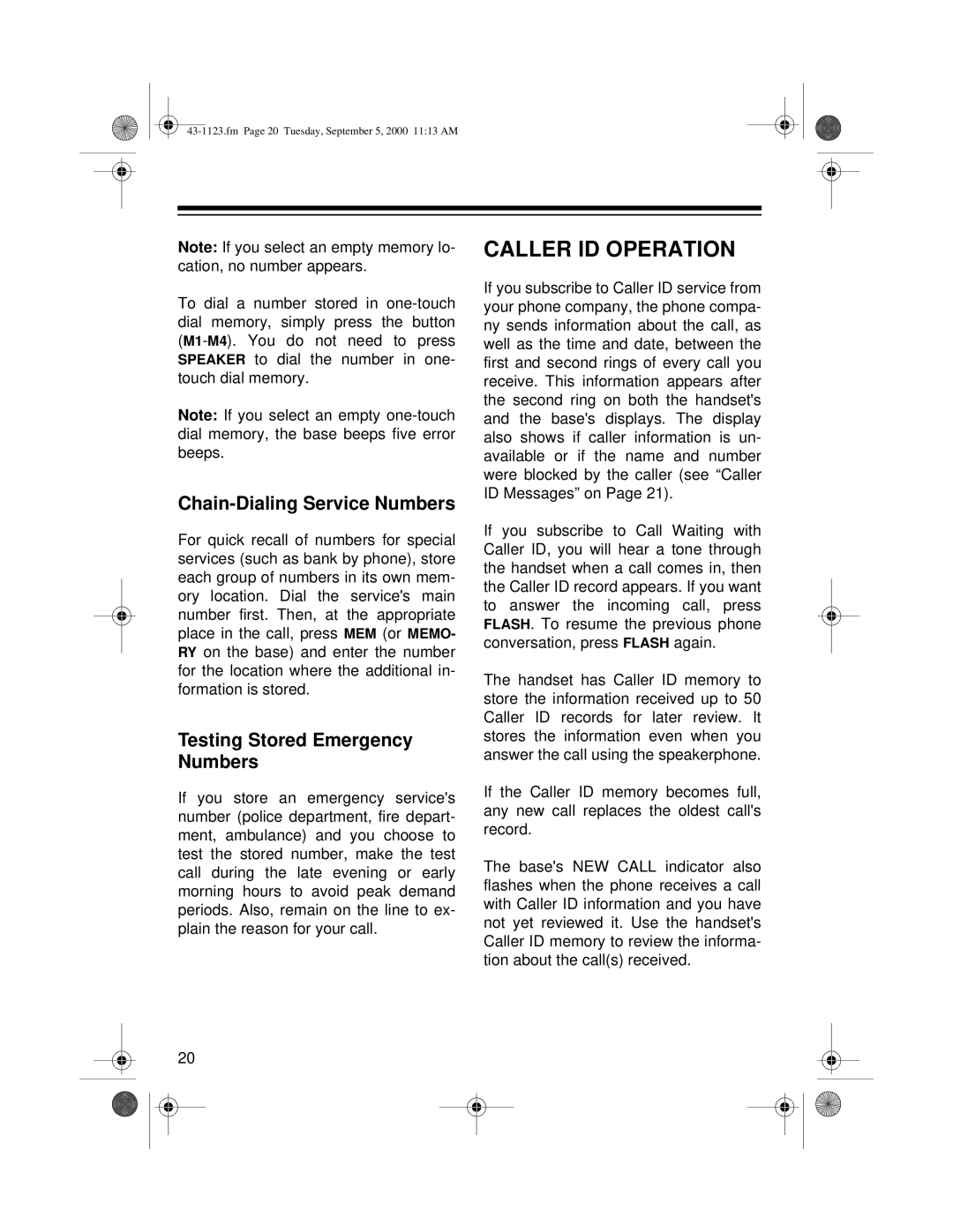 Radio Shack ET-1123 owner manual Caller ID Operation, Chain-Dialing Service Numbers, Testing Stored Emergency Numbers 