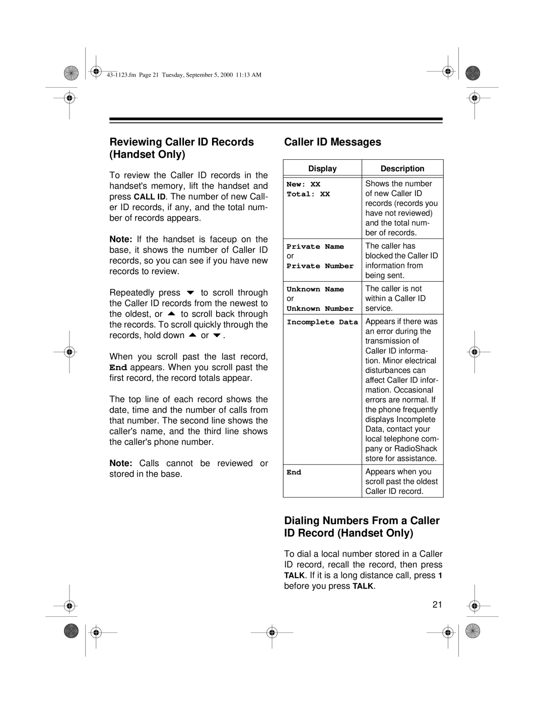 Radio Shack ET-1123 owner manual Reviewing Caller ID Records Handset Only, Caller ID Messages 