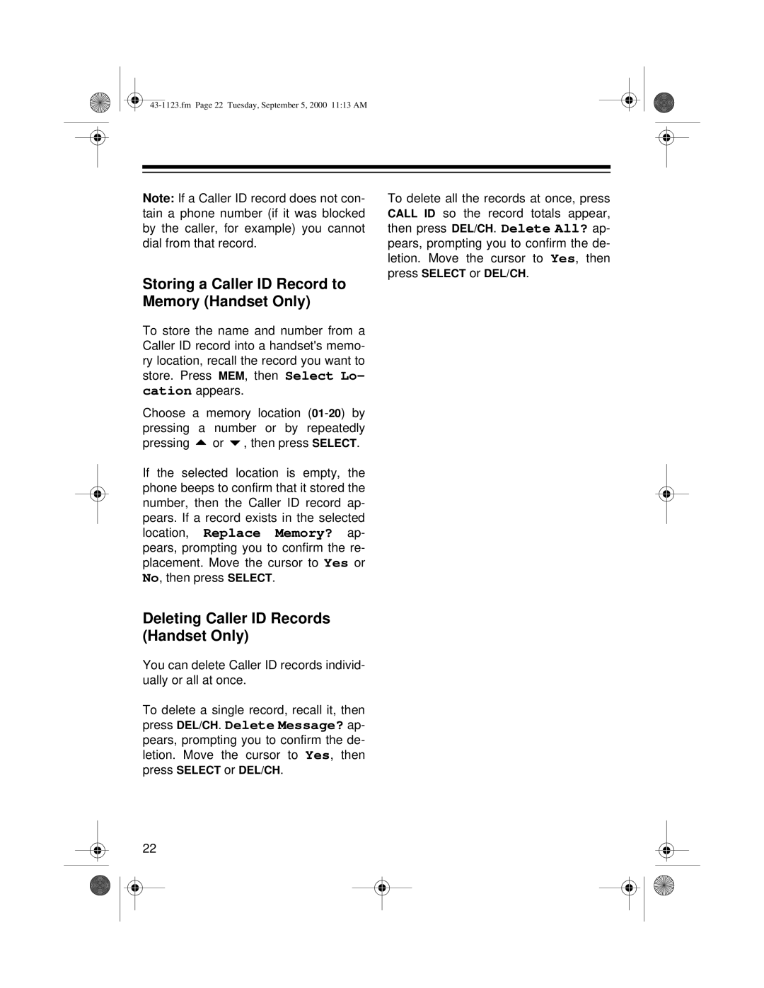 Radio Shack ET-1123 owner manual Storing a Caller ID Record to Memory Handset Only, Deleting Caller ID Records Handset Only 