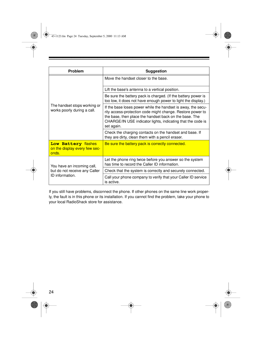 Radio Shack ET-1123 owner manual Low Battery flashes 