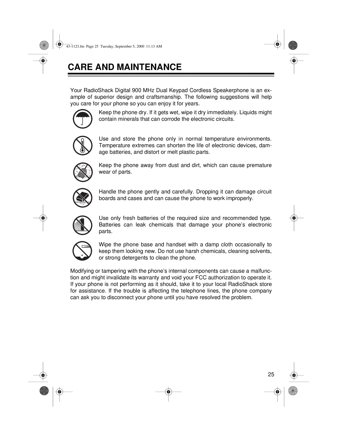 Radio Shack ET-1123 owner manual Care and Maintenance 