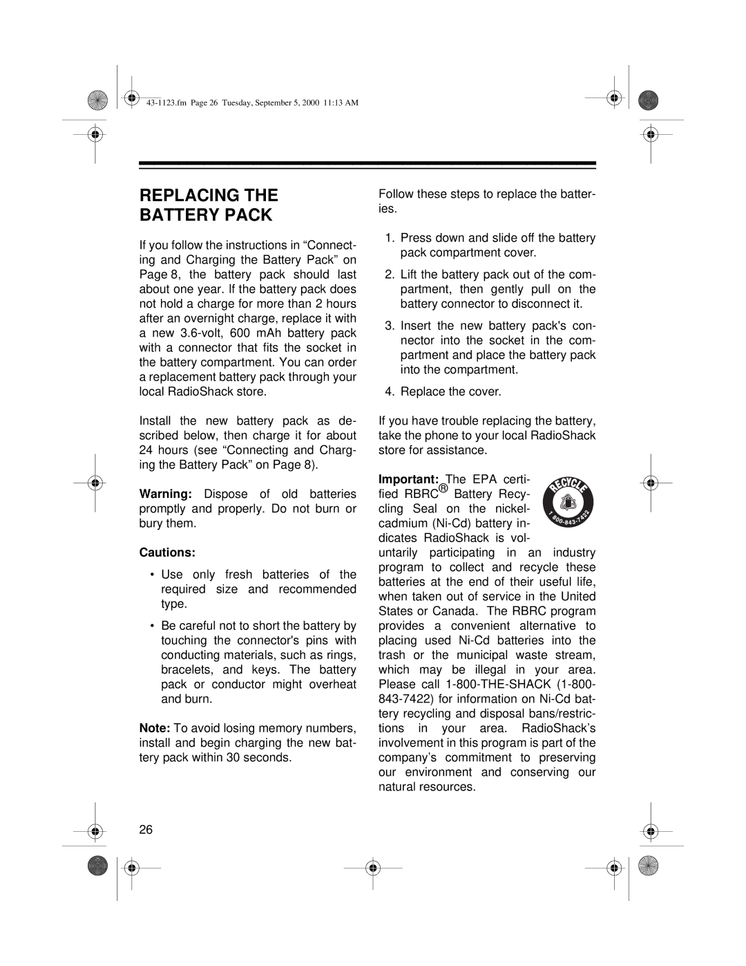 Radio Shack ET-1123 owner manual Replacing Battery Pack 