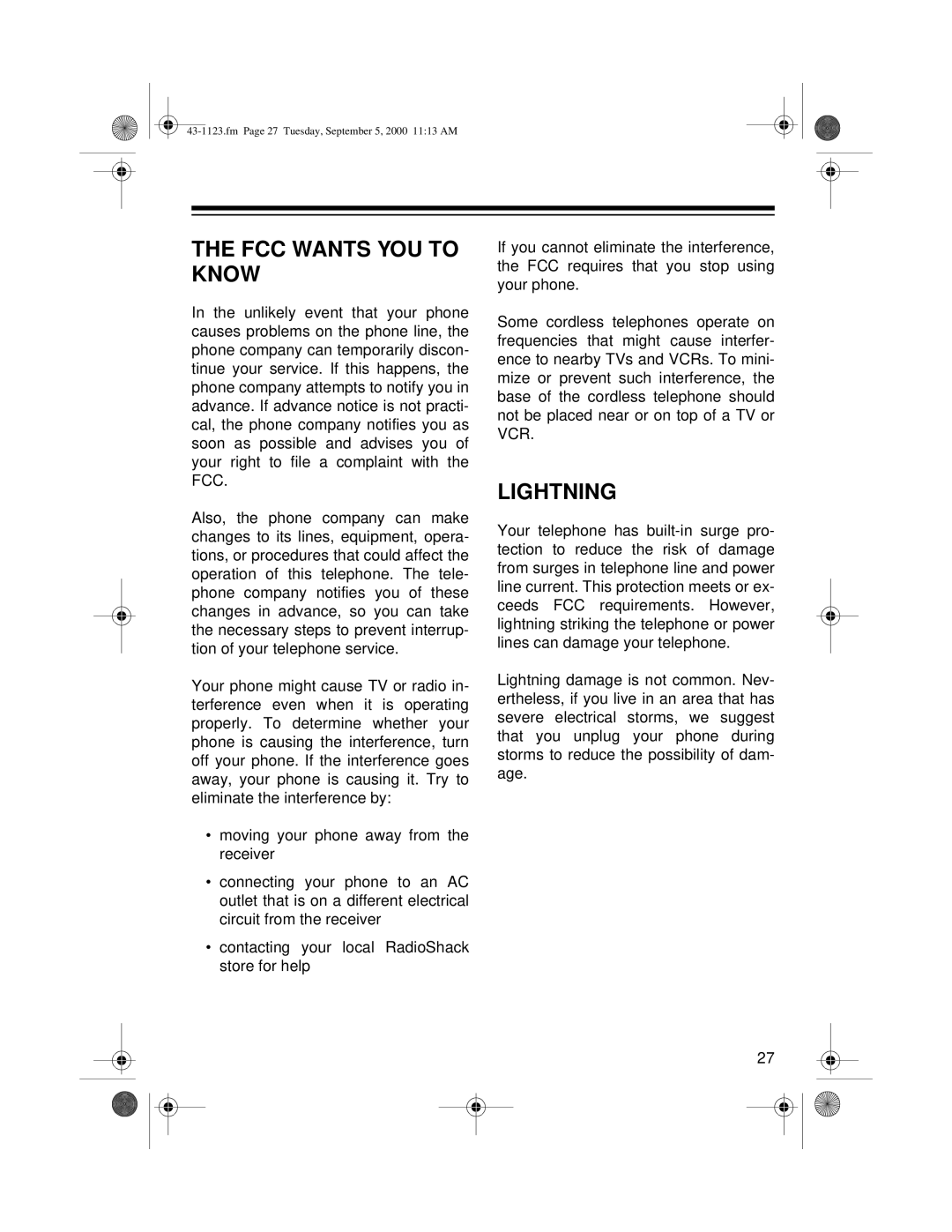 Radio Shack ET-1123 owner manual FCC Wants YOU to Know, Lightning 