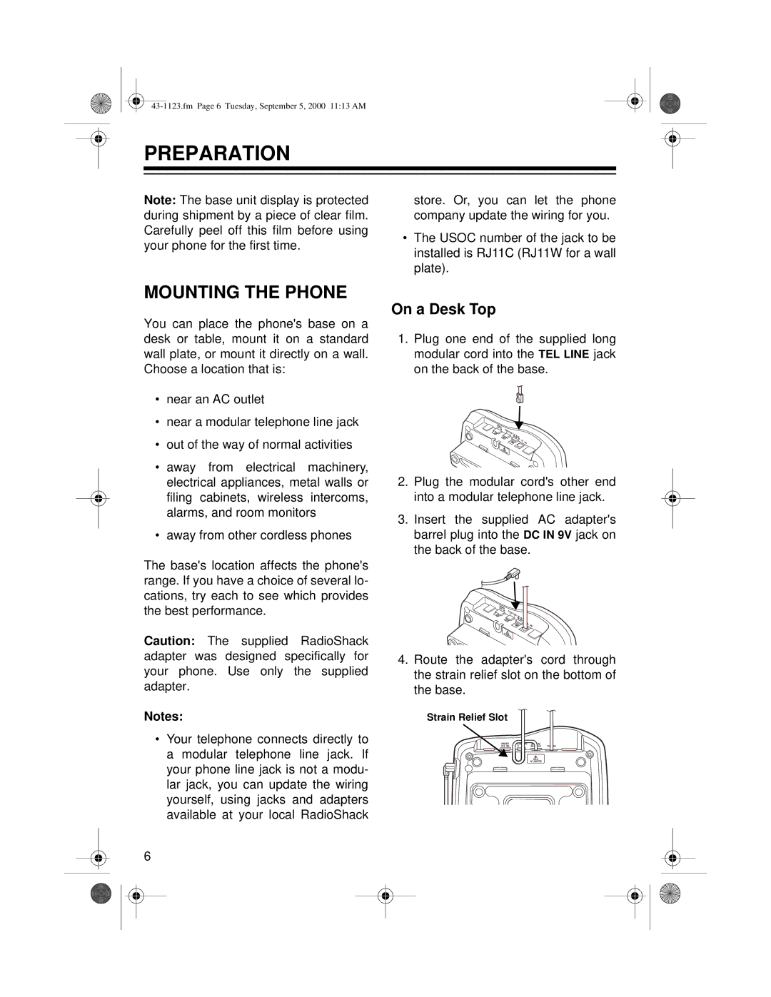 Radio Shack ET-1123 owner manual Preparation, Mounting the Phone, On a Desk Top 