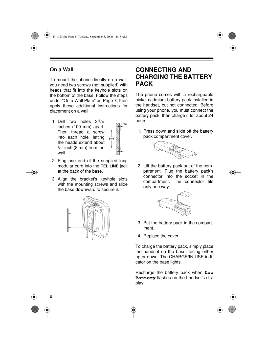 Radio Shack ET-1123 owner manual Connecting and Charging the Battery Pack, On a Wall 