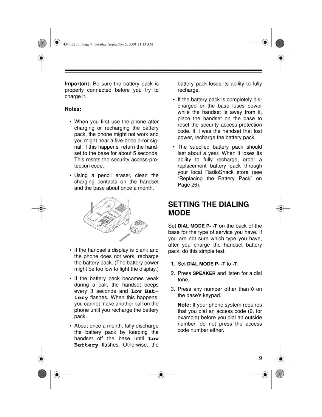 Radio Shack ET-1123 owner manual Setting the Dialing Mode 