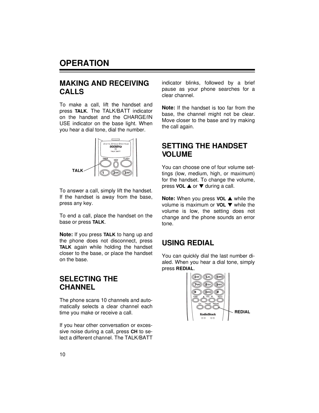 Radio Shack ET-1124 Operation, Making and Receiving Calls, Selecting Channel, Setting the Handset Volume, Using Redial 