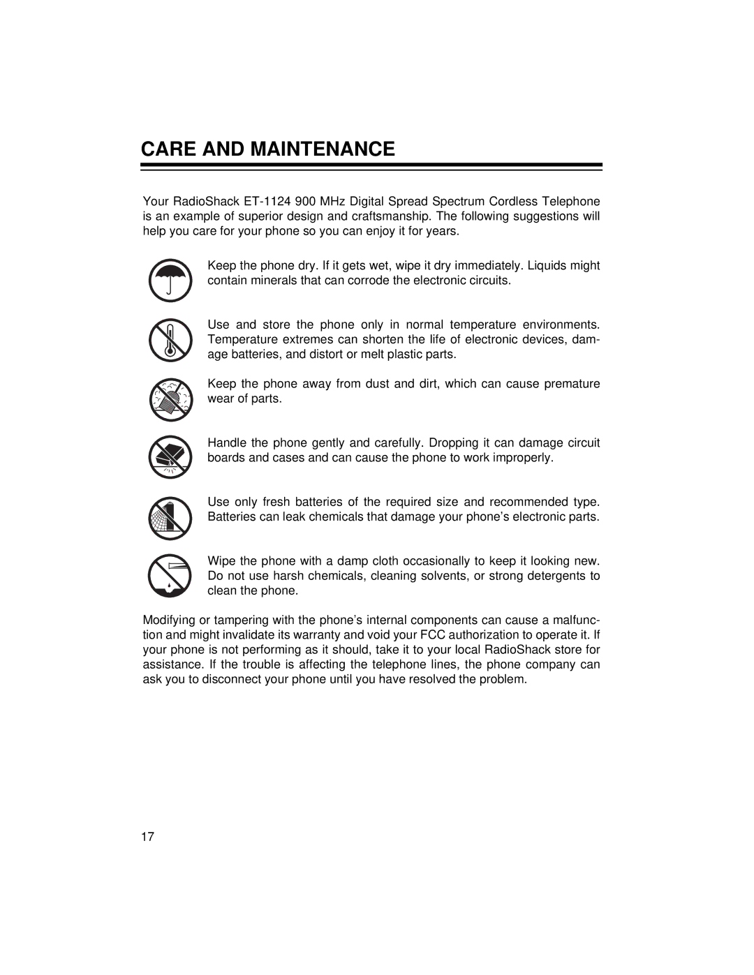 Radio Shack ET-1124 owner manual Care and Maintenance 