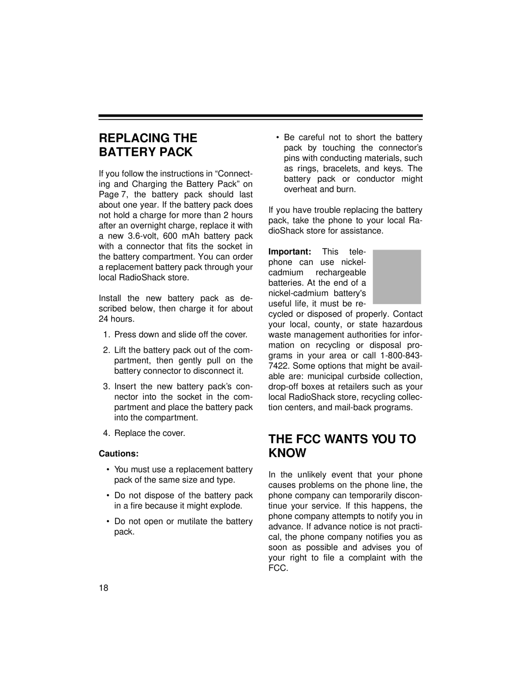 Radio Shack ET-1124 owner manual Replacing Battery Pack, FCC Wants YOU to Know 