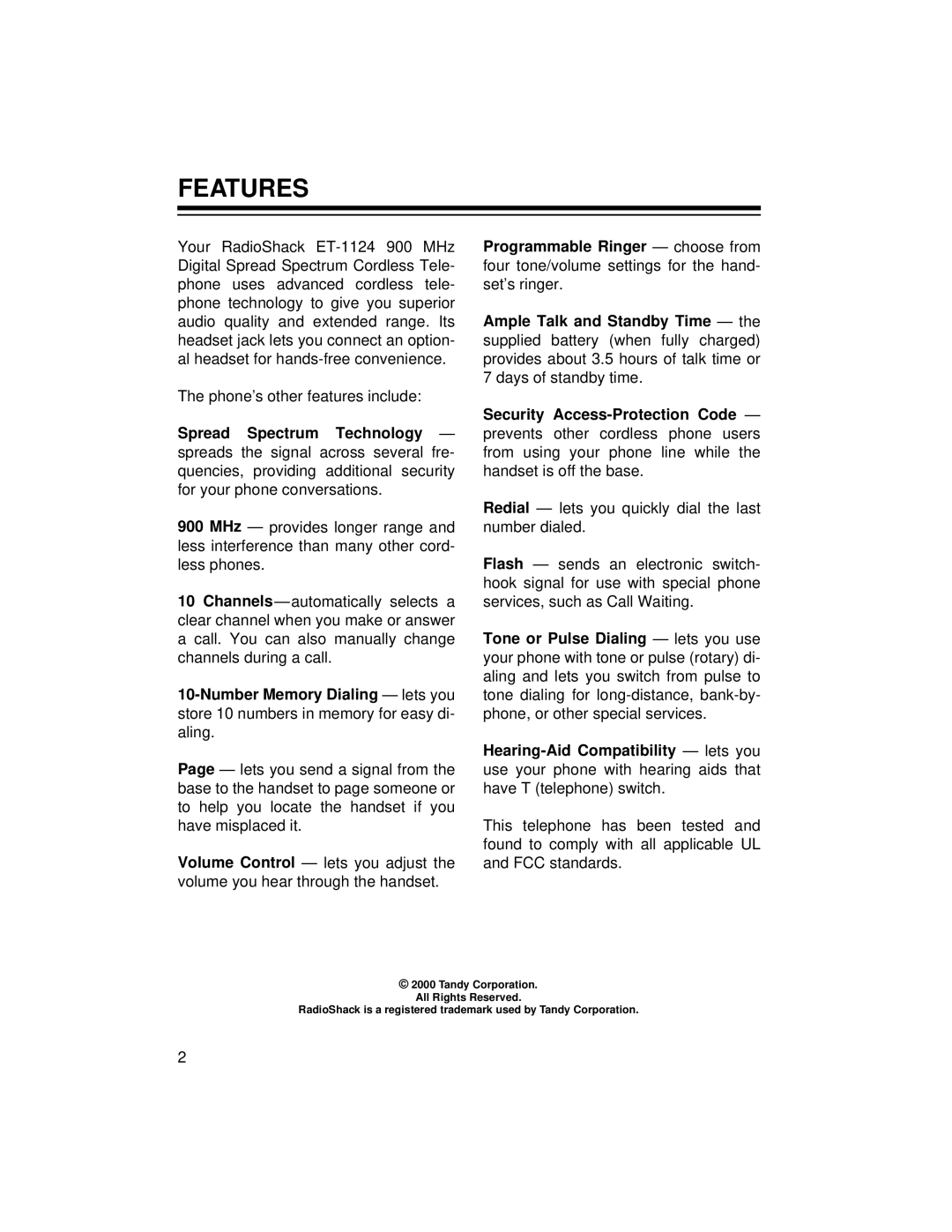 Radio Shack ET-1124 owner manual Features 