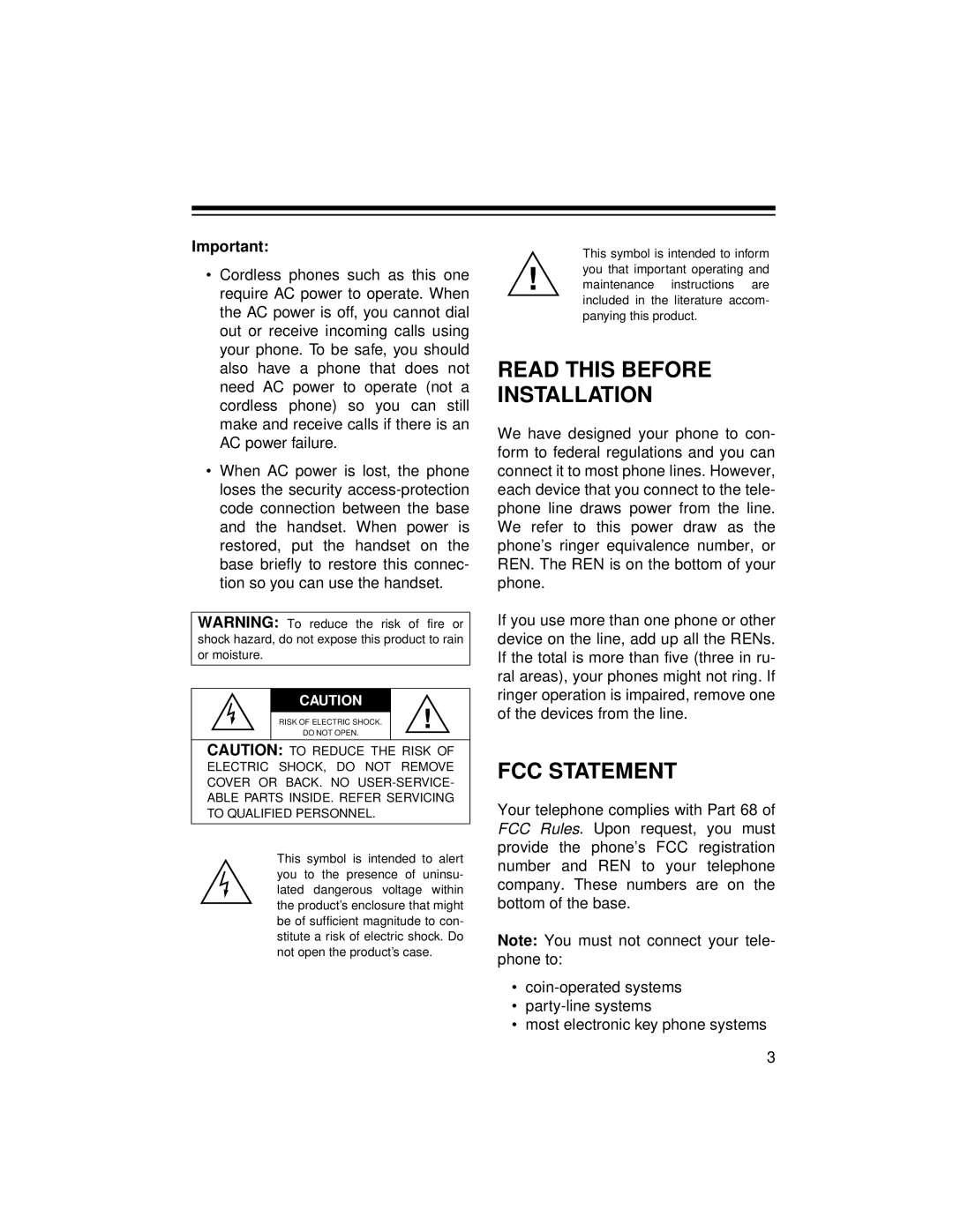 Radio Shack ET-1124 owner manual Read this Before Installation, FCC Statement 