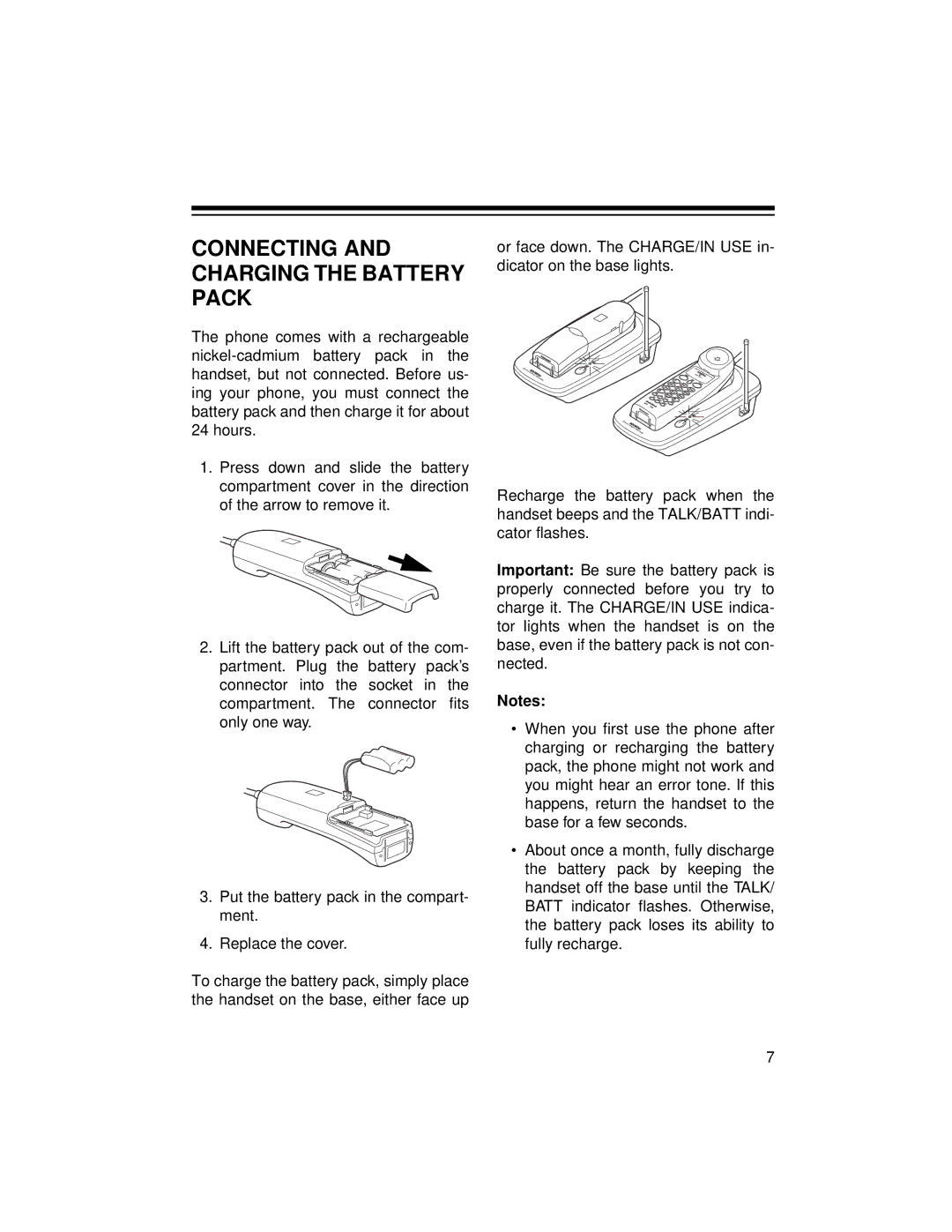 Radio Shack ET-1124 owner manual Connecting and Charging the Battery Pack 