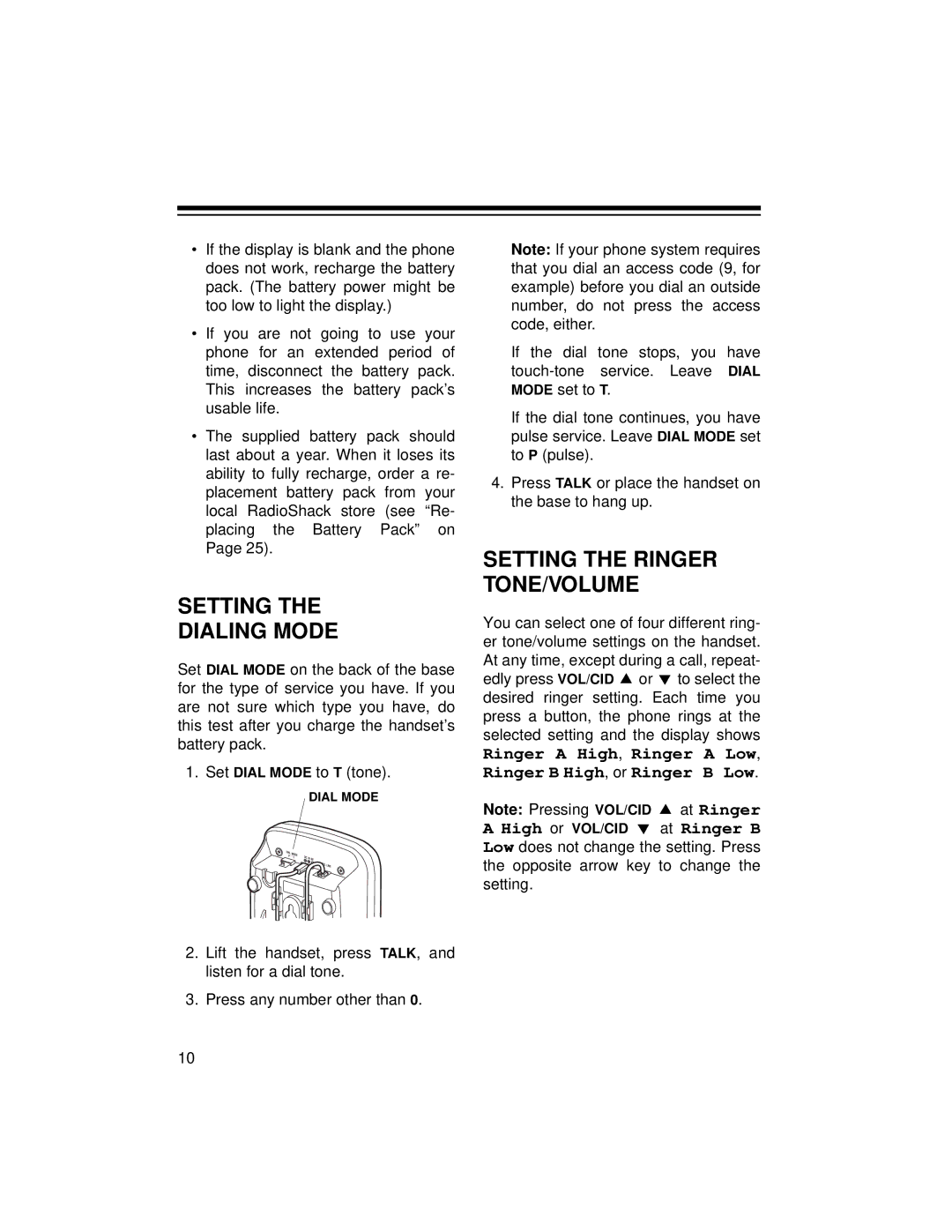 Radio Shack ET-1125 owner manual Setting Dialing Mode, Setting the Ringer TONE/VOLUME 