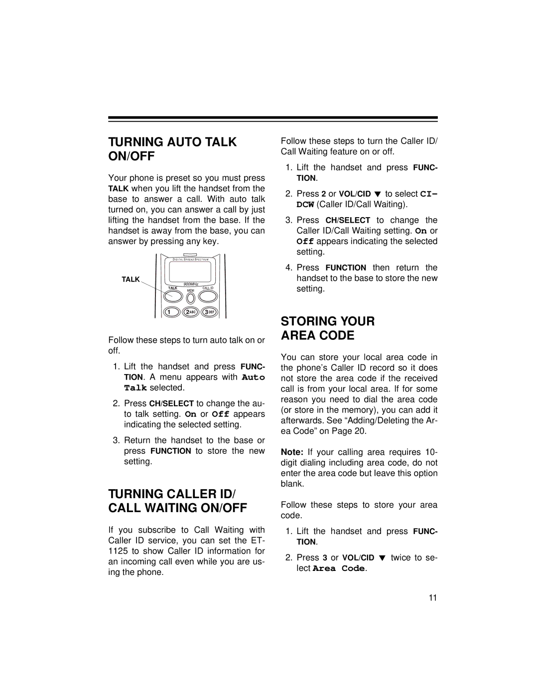 Radio Shack ET-1125 owner manual Turning Auto Talk ON/OFF, Turning Caller ID/ Call Waiting ON/OFF, Storing Your Area Code 