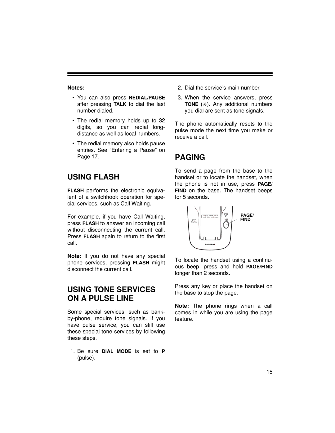 Radio Shack ET-1125 owner manual Using Flash, Paging 