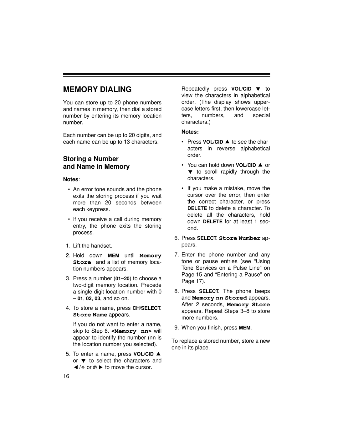 Radio Shack ET-1125 owner manual Memory Dialing, Storing a Number and Name in Memory 