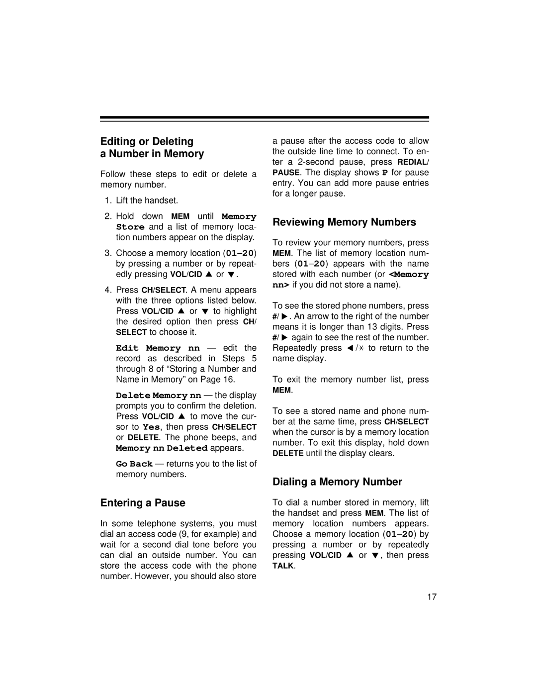 Radio Shack ET-1125 owner manual Editing or Deleting Number in Memory, Entering a Pause, Reviewing Memory Numbers 