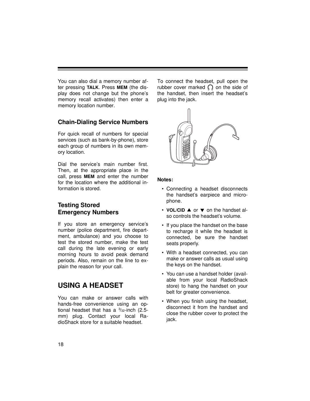 Radio Shack ET-1125 owner manual Using a Headset, Chain-Dialing Service Numbers, Testing Stored Emergency Numbers 