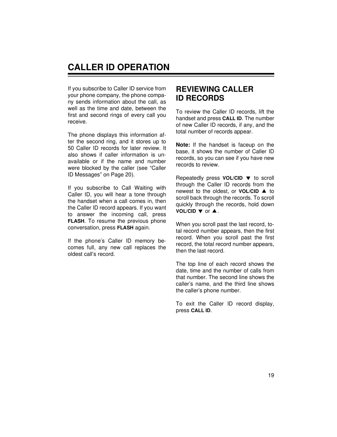 Radio Shack ET-1125 owner manual Caller ID Operation, Reviewing Caller ID Records 