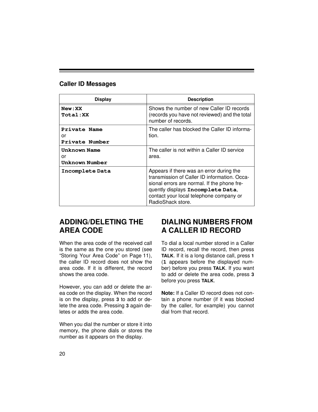 Radio Shack ET-1125 owner manual ADDING/DELETING the Area Code, Caller ID Messages 