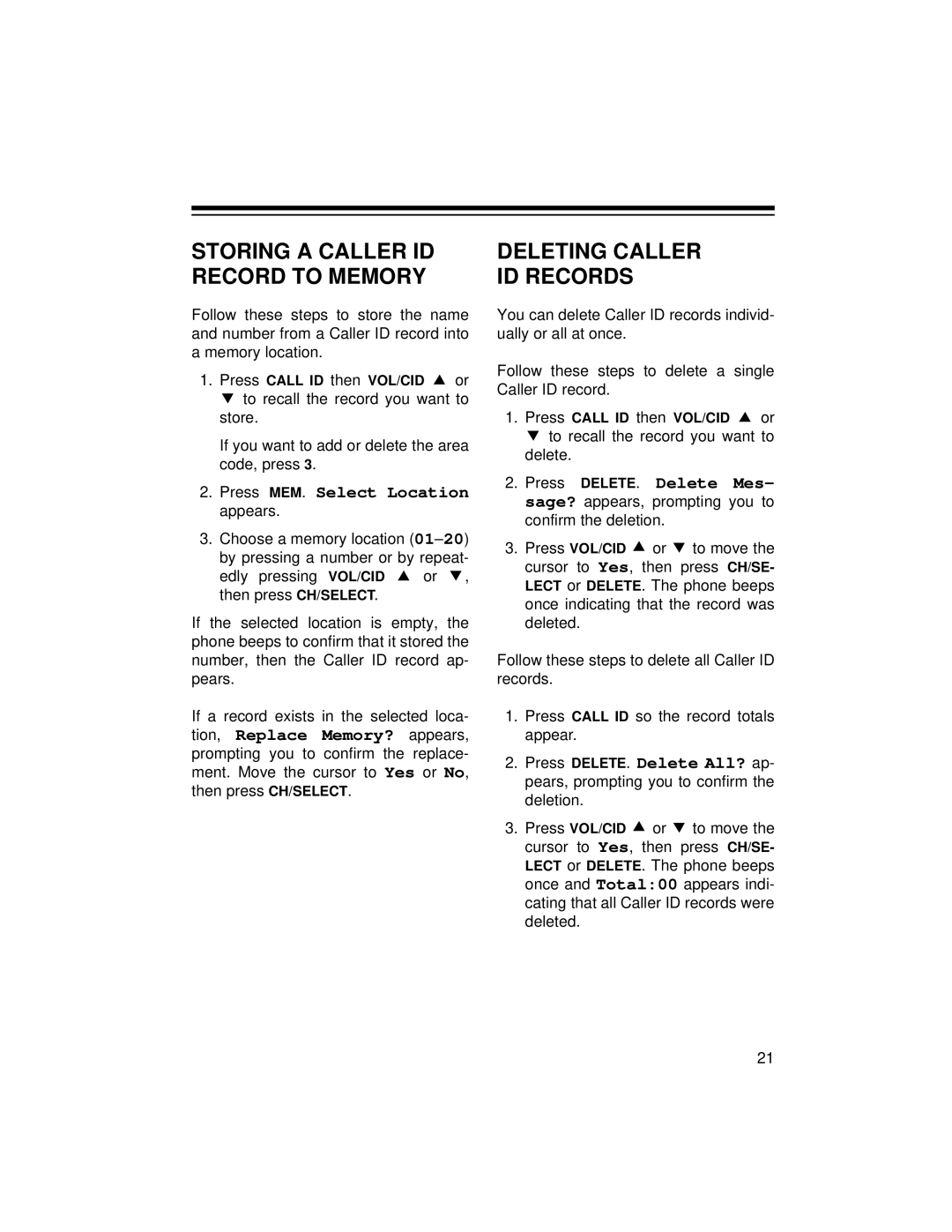 Radio Shack ET-1125 owner manual Storing a Caller ID Record to Memory, Deleting Caller ID Records 