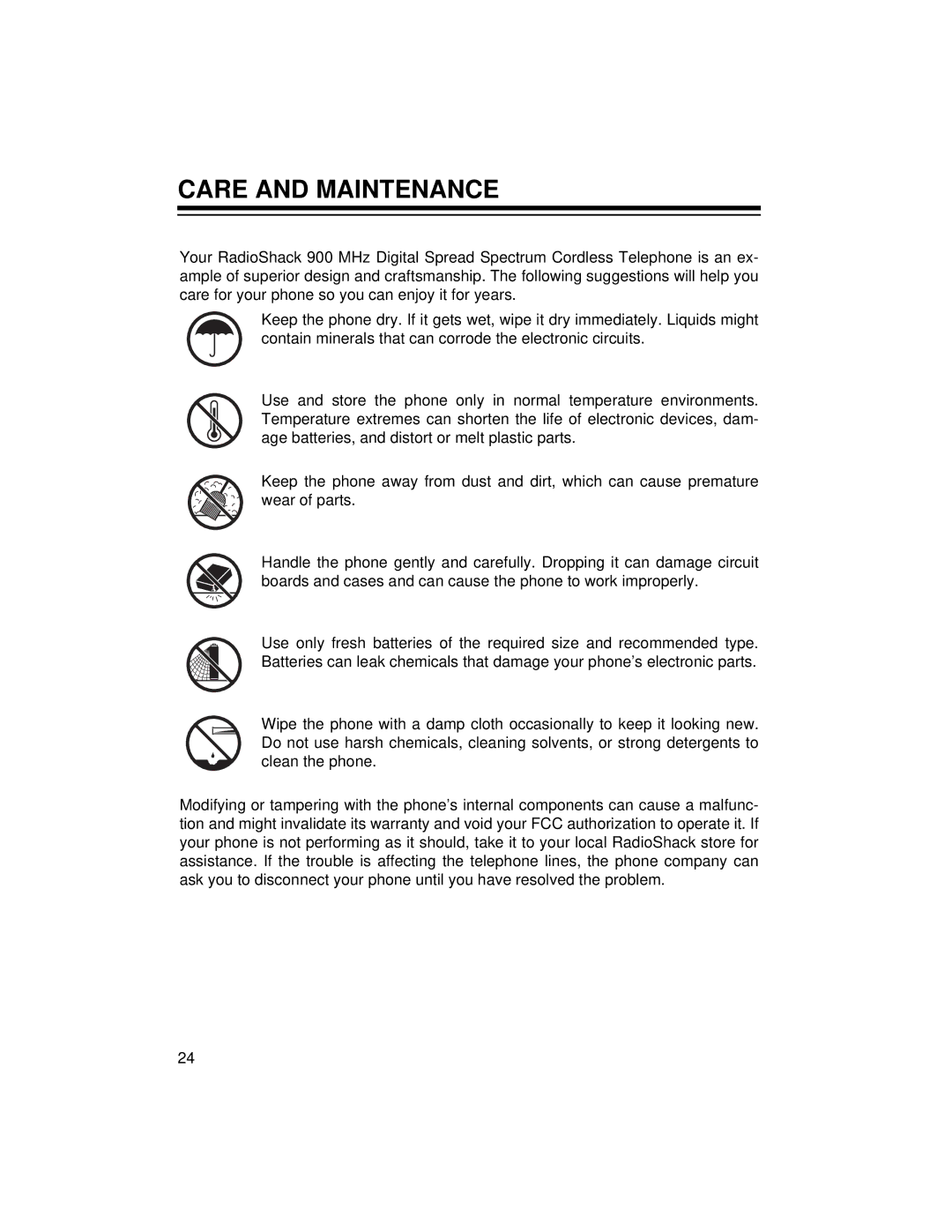 Radio Shack ET-1125 owner manual Care and Maintenance 