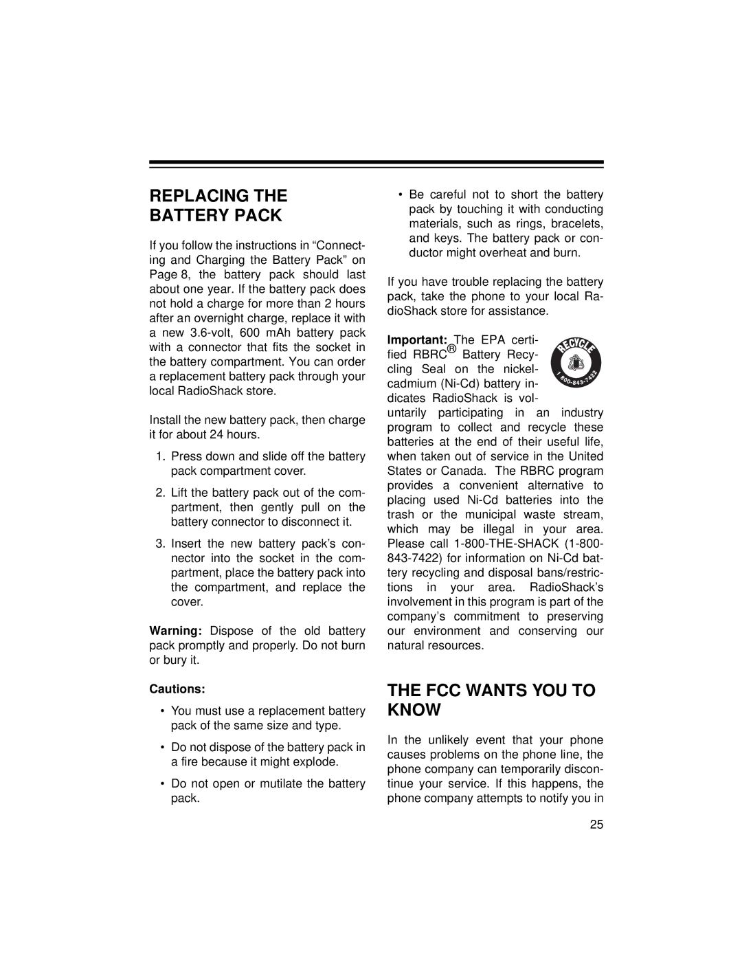 Radio Shack ET-1125 owner manual Replacing Battery Pack, FCC Wants YOU to Know 