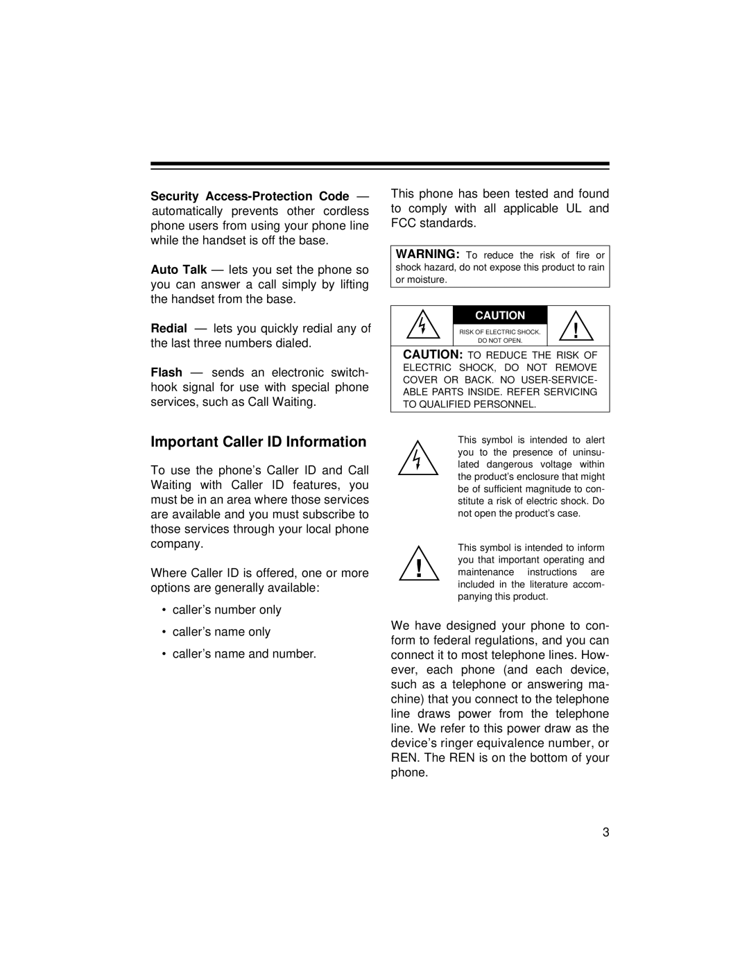 Radio Shack ET-1125 owner manual Important Caller ID Information 