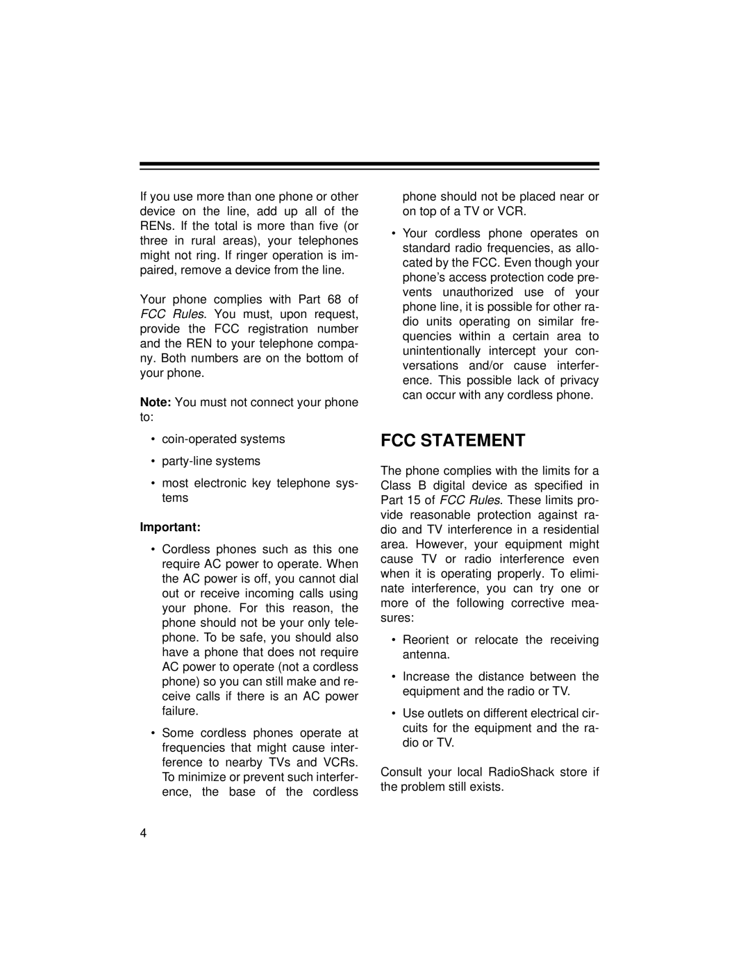 Radio Shack ET-1125 owner manual FCC Statement 