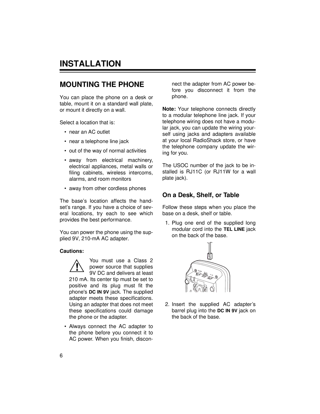 Radio Shack ET-1125 owner manual Installation, Mounting the Phone, On a Desk, Shelf, or Table 