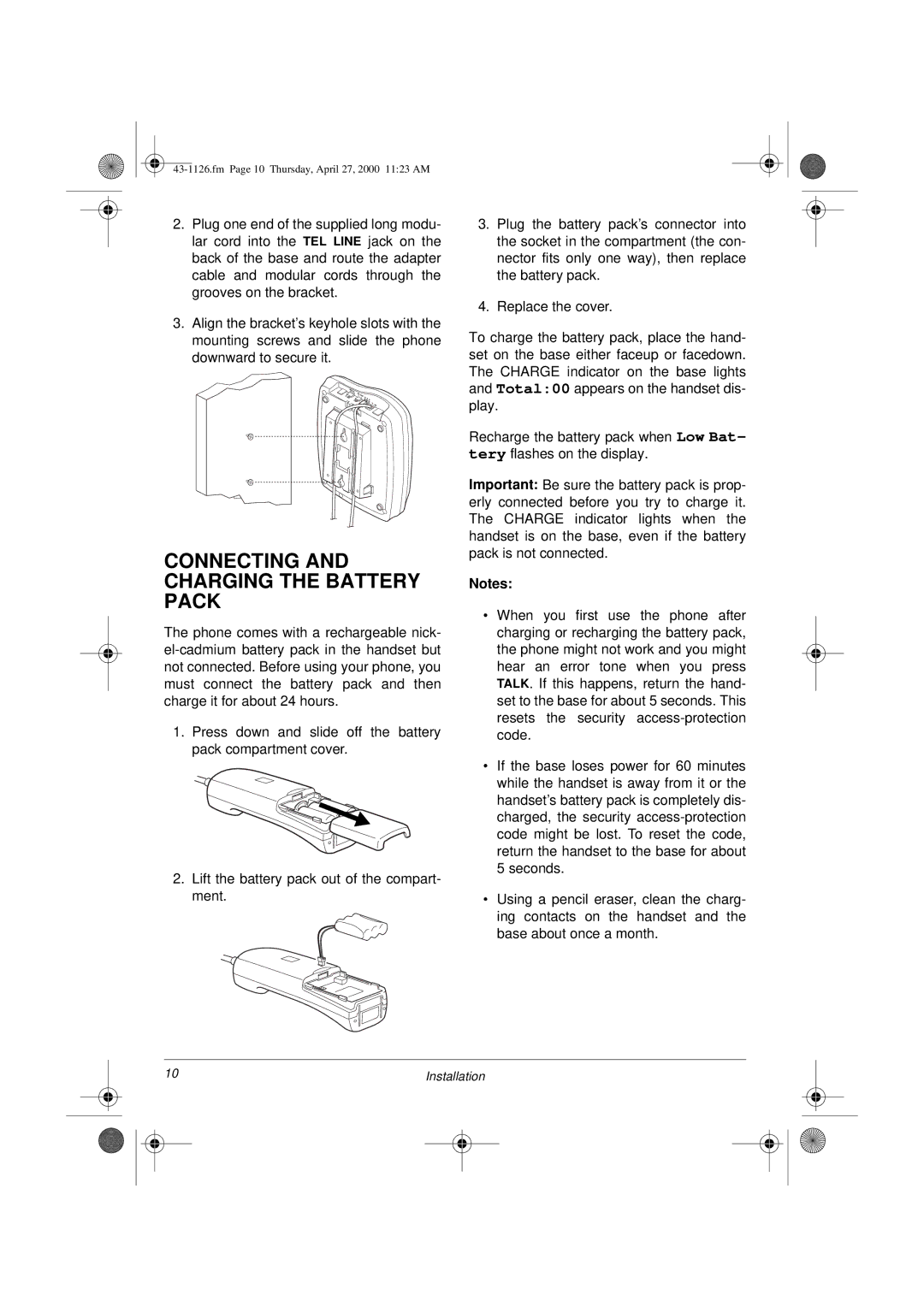 Radio Shack ET-1126 owner manual Connecting and Charging the Battery Pack 