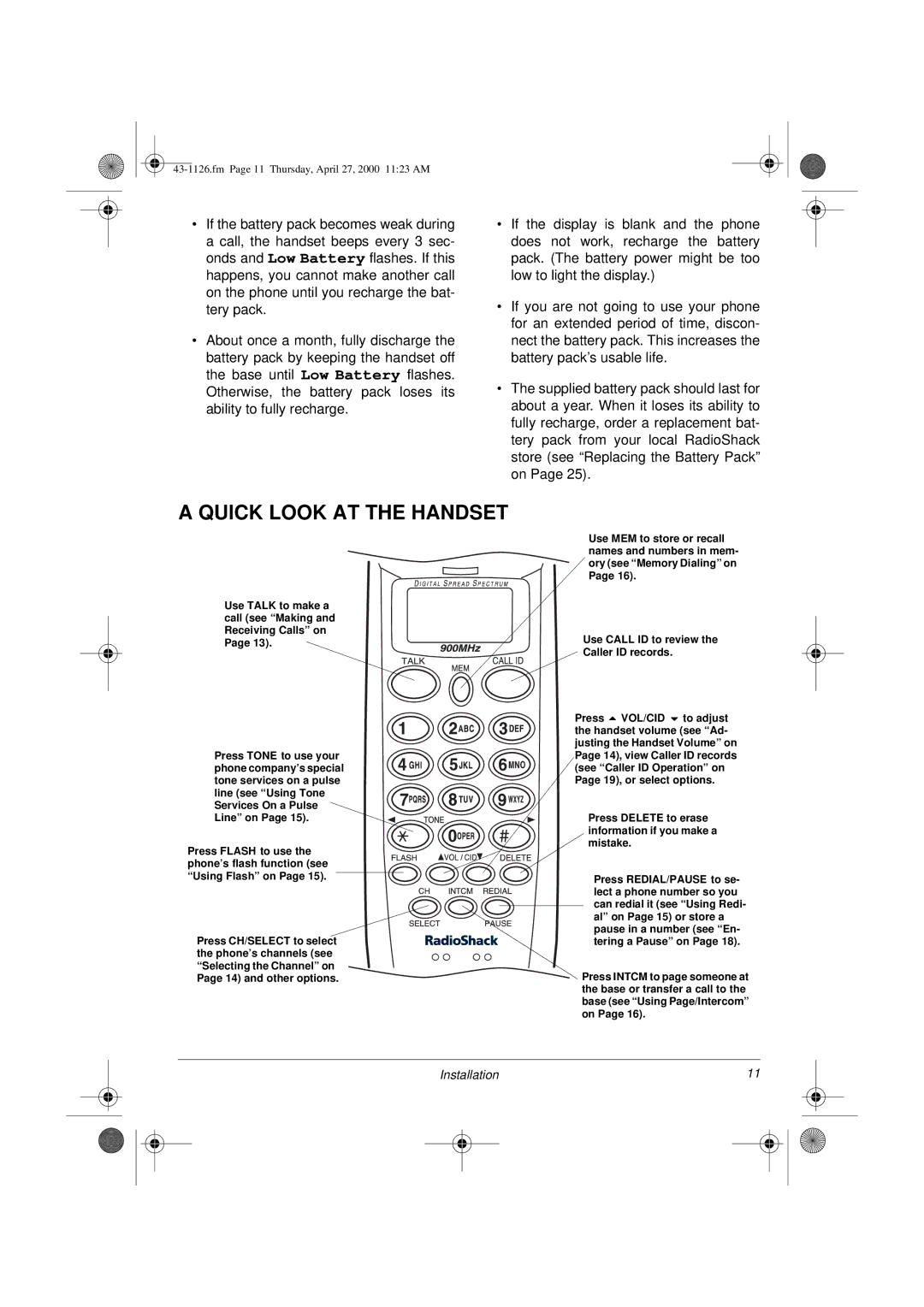 Radio Shack ET-1126 owner manual Quick Look AT the Handset, Press Delete to erase information if you make a Mistake 