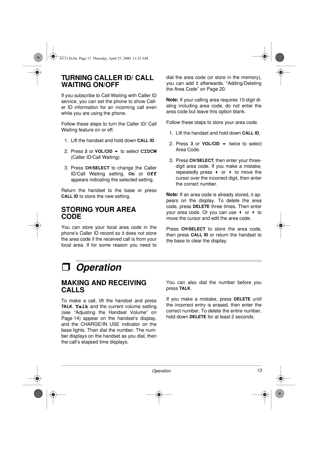 Radio Shack ET-1126 Operation, Turning Caller ID/ Call Waiting ON/OFF, Storing Your Area Code, Making and Receiving Calls 