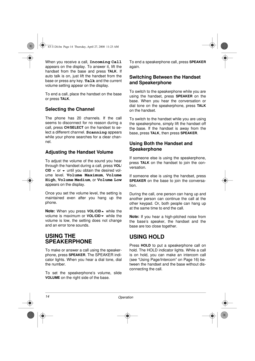 Radio Shack ET-1126 owner manual Using Speakerphone, Using Hold 