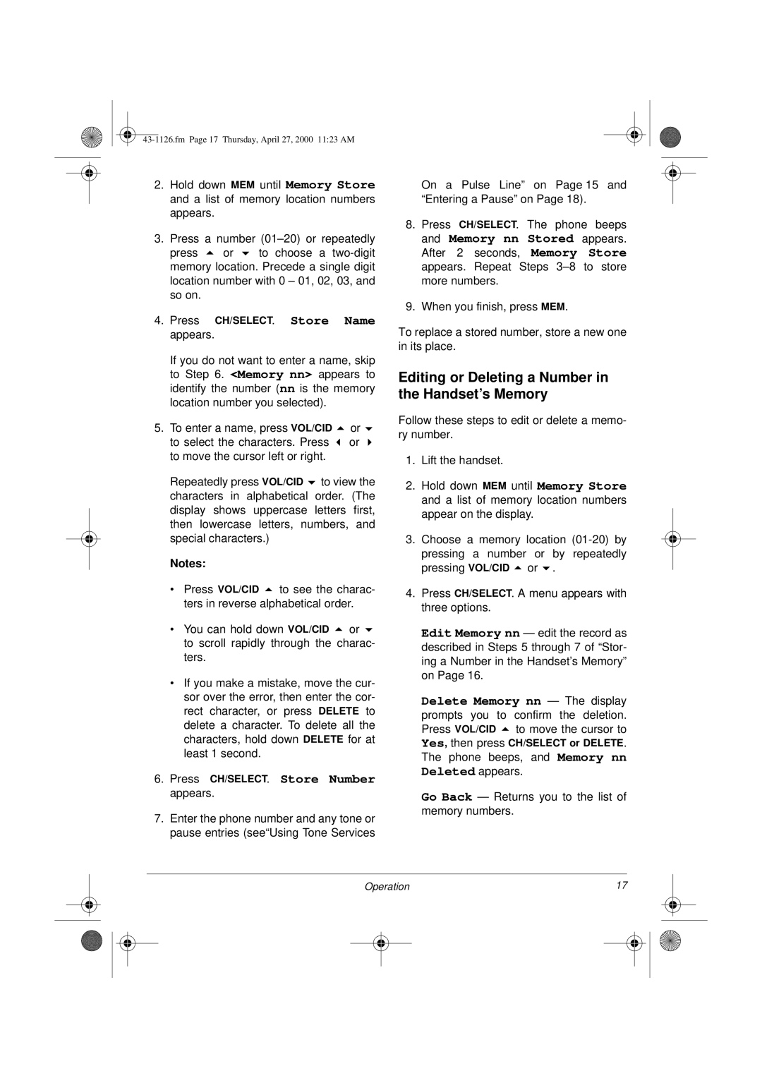 Radio Shack ET-1126 owner manual Editing or Deleting a Number in the Handset’s Memory 